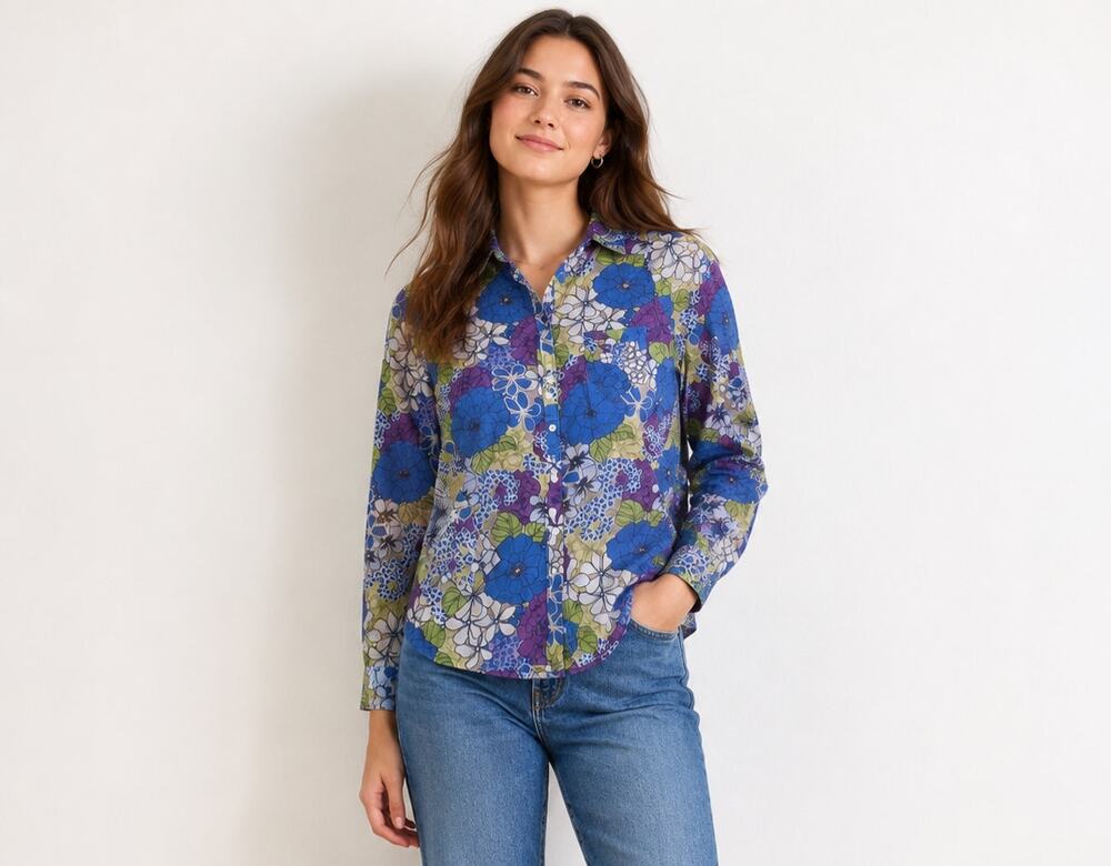 Blue Floral Button Down Cotton Shirt Women M Long Sleeve 2010 Layering